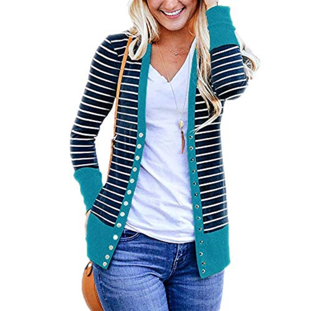 Teal Long Sleeve Button Up Striped Cardigan - Picture 2 of 5